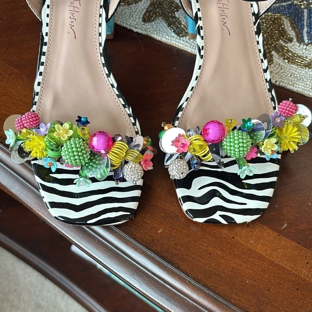 BETSEY JOHNSON Black Embellished Ankle Strap Open Toe Block Heel Beaded Sandals